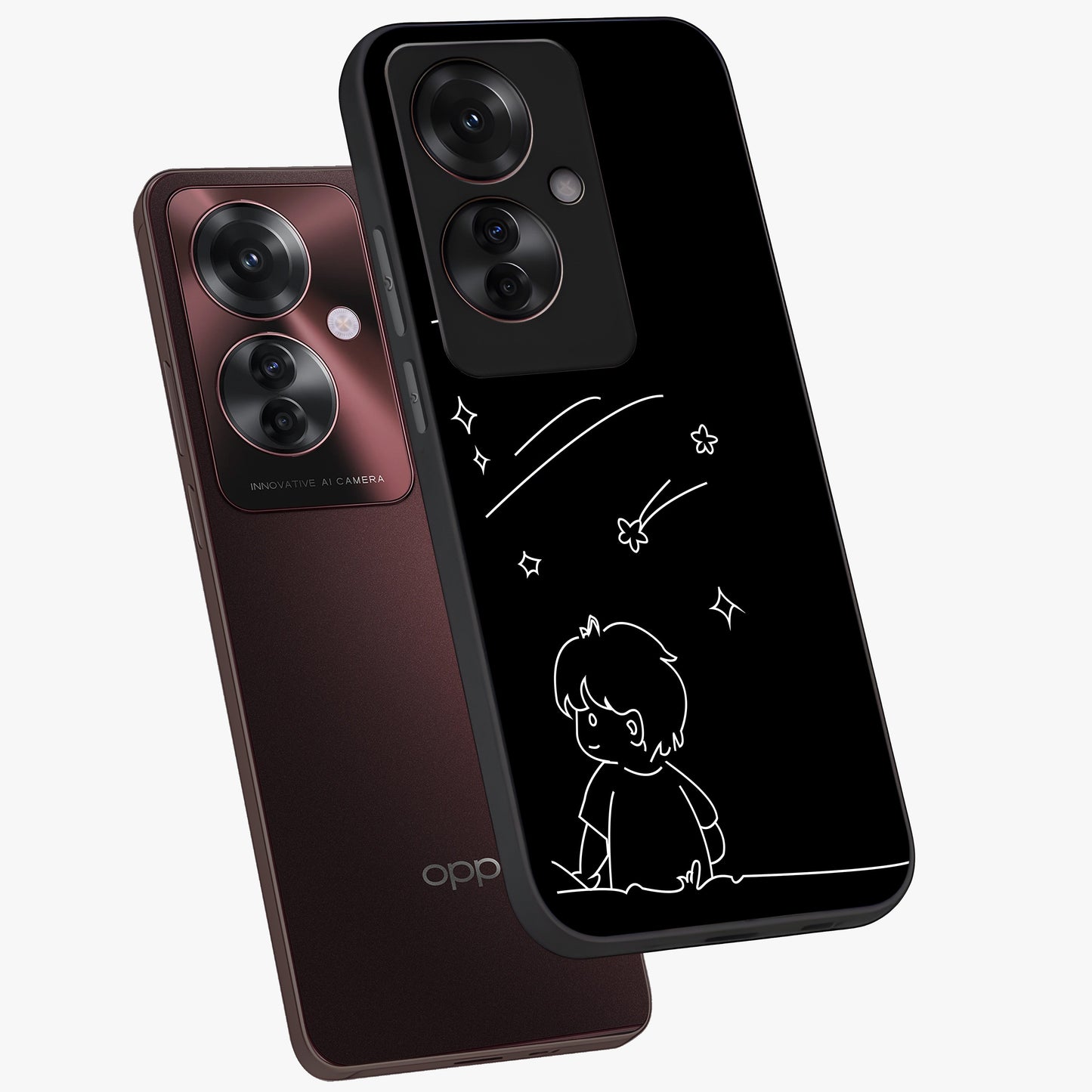 Line Art Boy With Shooting Stars Glass Case displayed in angled mockup highlighting elegant line art design with dreamy star aesthetic.