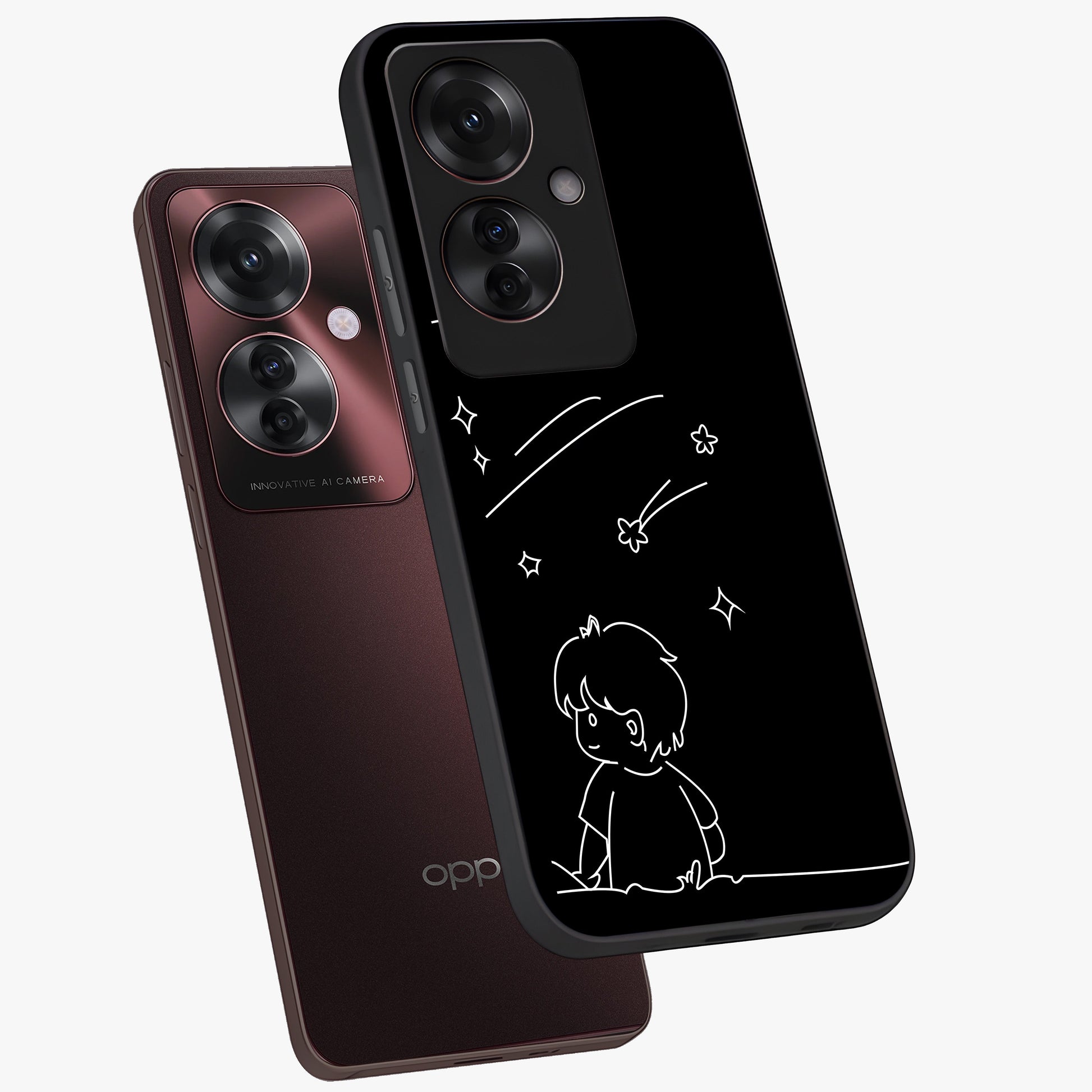 Line Art Boy With Shooting Stars Glass Case displayed in angled mockup highlighting elegant line art design with dreamy star aesthetic.