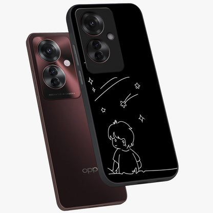 Line Art Boy With Shooting Stars Glass Case displayed in angled mockup highlighting elegant line art design with dreamy star aesthetic.