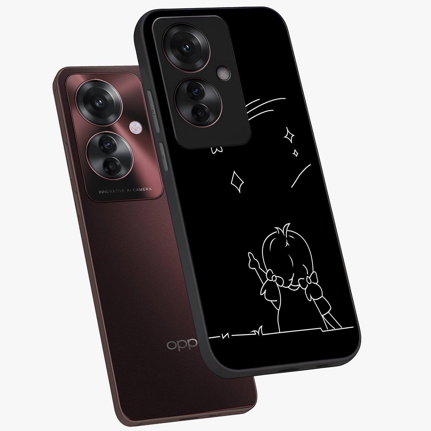 Line Art Girl With Shooting Stars Glass Case displayed in angled mockup highlighting elegant line art design with dreamy star aesthetic.