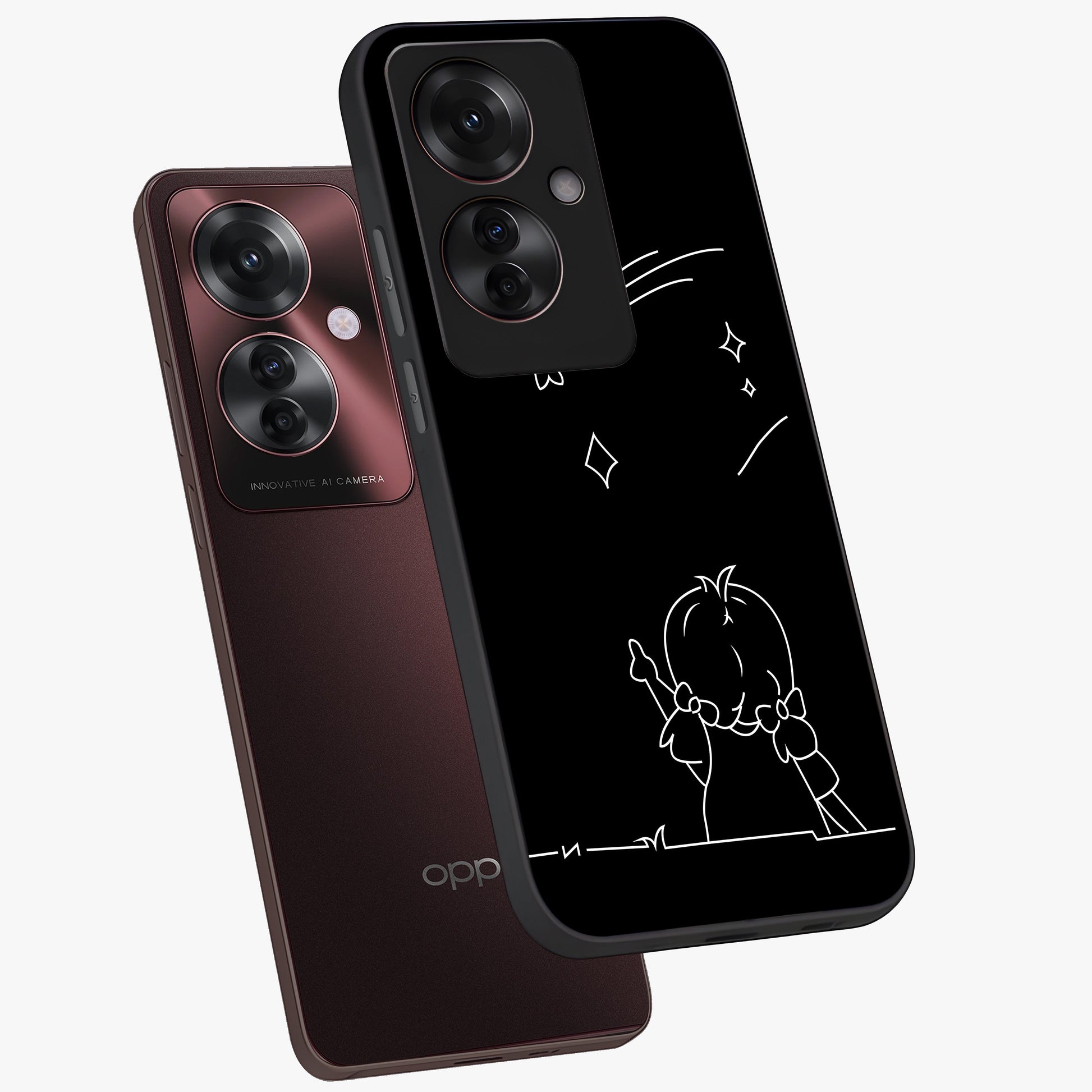 Line Art Girl With Shooting Stars Glass Case displayed in angled mockup highlighting elegant line art design with dreamy star aesthetic.