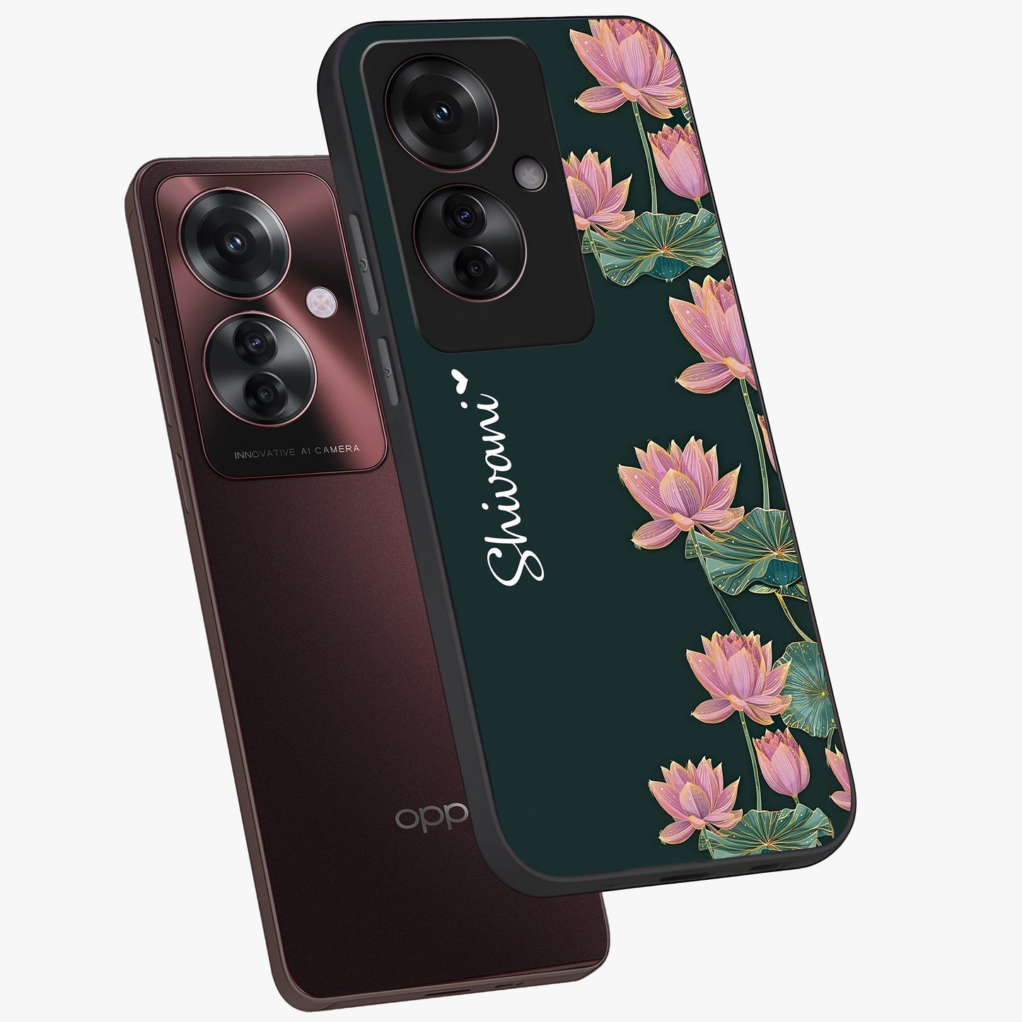 Lotus Bloom Serenity Custom Name Glass Case displayed in angled mockup highlighting graceful lotus illustration with custom name feature.