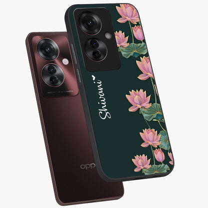 Lotus Bloom Serenity Custom Name Glass Case displayed in angled mockup highlighting graceful lotus illustration with custom name feature.