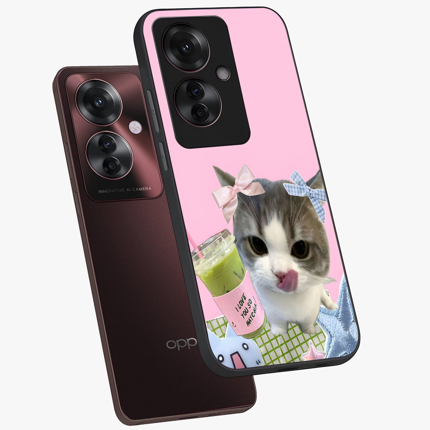 Love Matcha Cat Glass Case displayed in angled mockup highlighting playful feline illustration with cozy matcha aesthetic.
