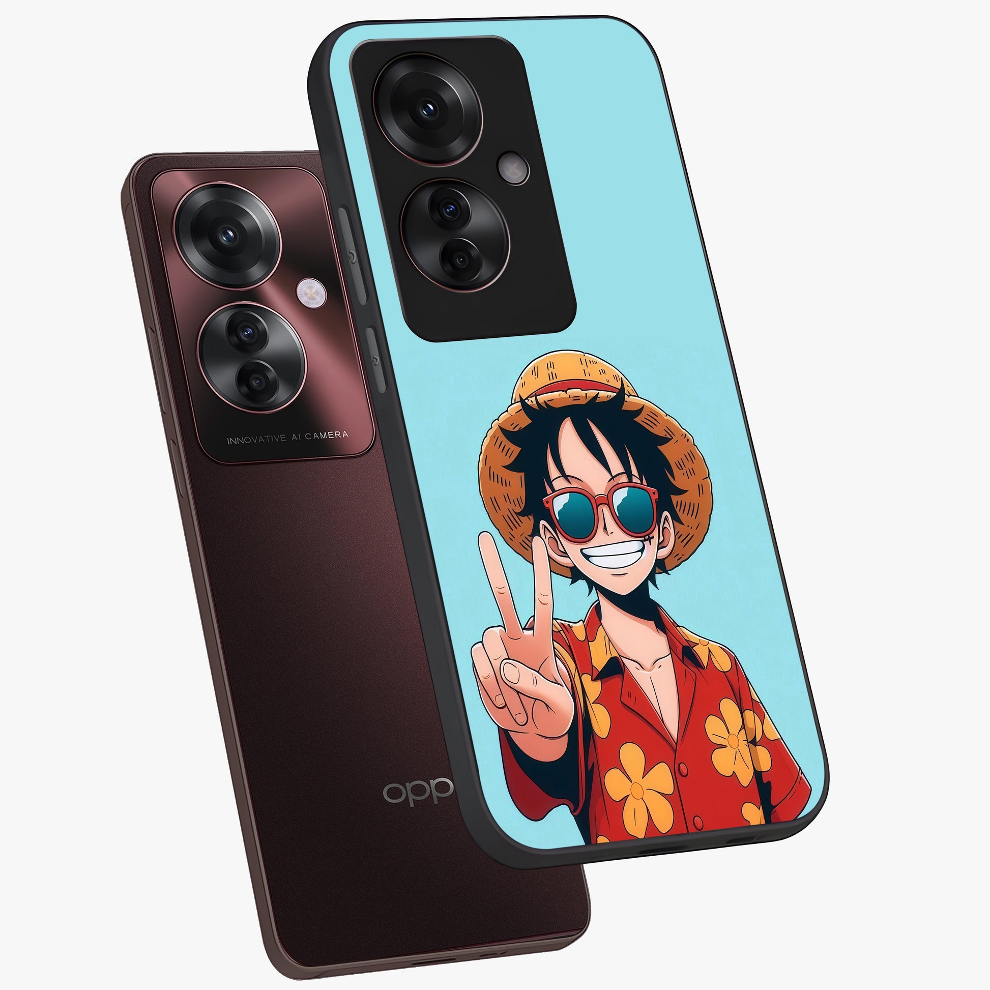Luffy Summer Anime Vibe Glass Case displayed in angled mockup highlighting energetic anime illustration with summer vibe aesthetic.