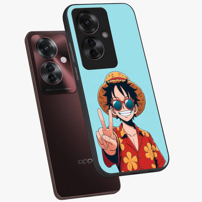 Luffy Summer Anime Vibe Glass Case displayed in angled mockup highlighting energetic anime illustration with summer vibe aesthetic.