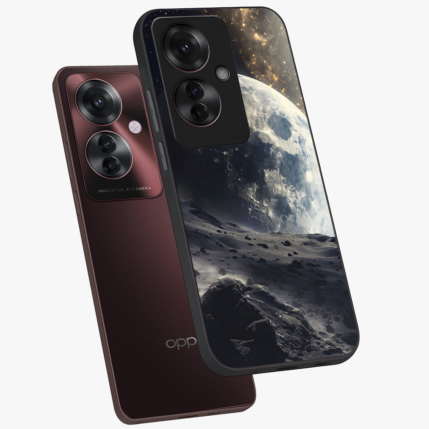 Lunar Horizon Glow Glass Case displayed in angled mockup highlighting celestial moon design with dreamy night aesthetic.