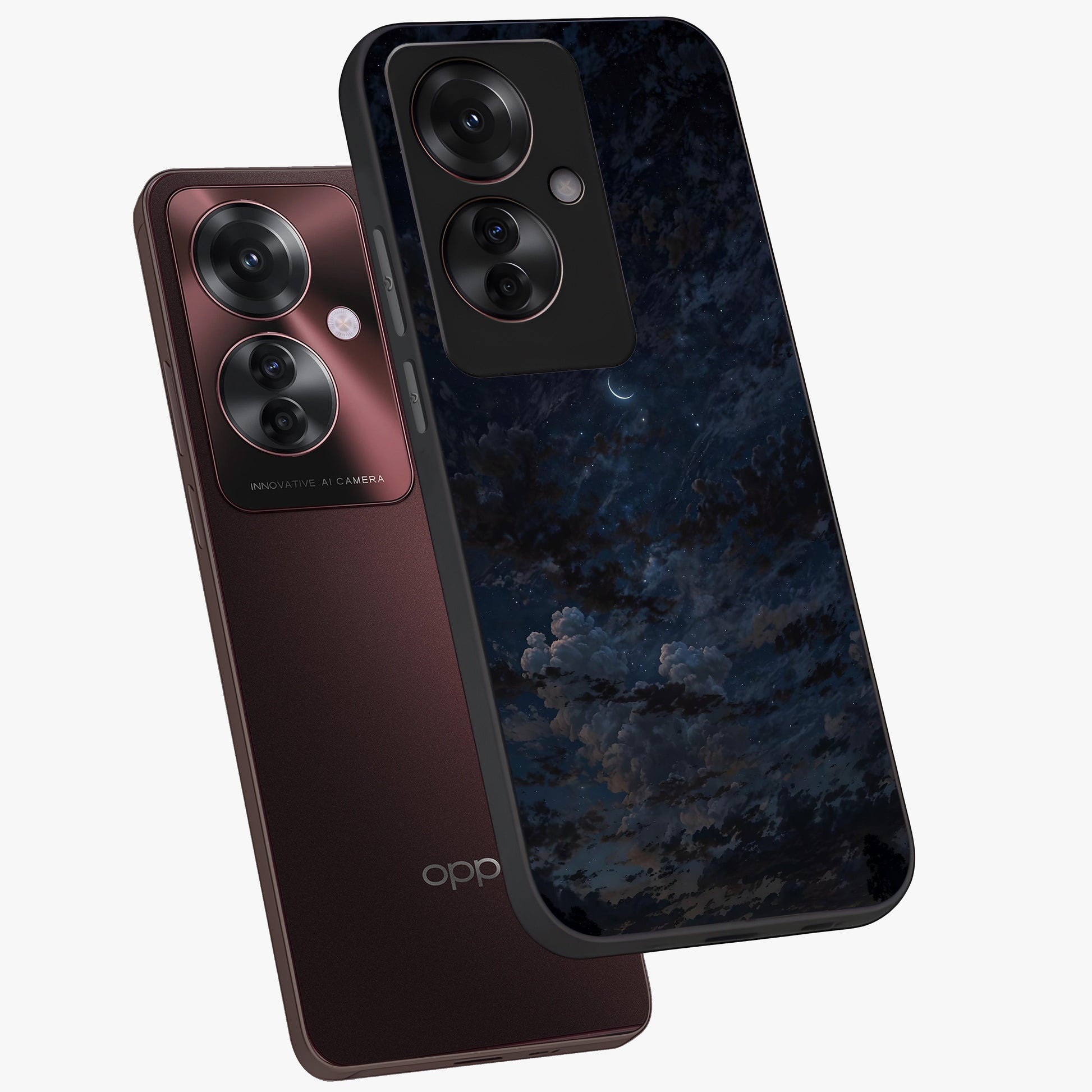 Lunar Veil Silence Glass Case displayed in angled mockup highlighting soft lunar design with peaceful celestial aesthetic.