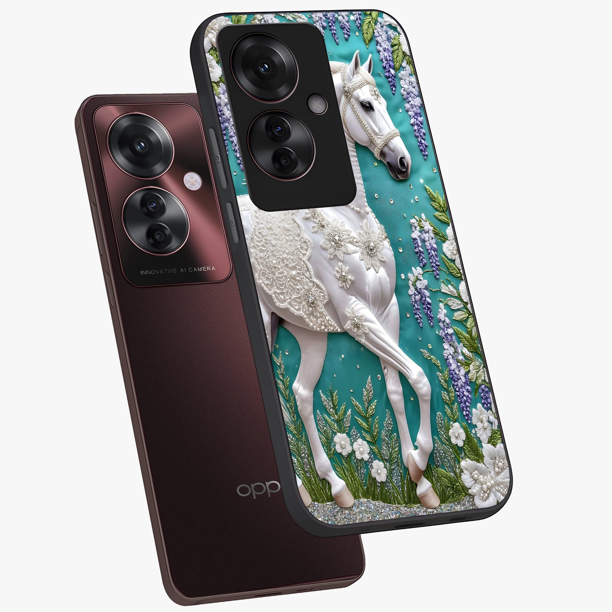 Majestic Floral Stallion Glass Case displayed in angled mockup highlighting majestic stallion illustration with elegant floral aesthetic.