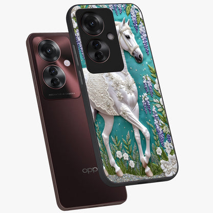 Majestic Floral Stallion Glass Case displayed in angled mockup highlighting majestic stallion illustration with elegant floral aesthetic.