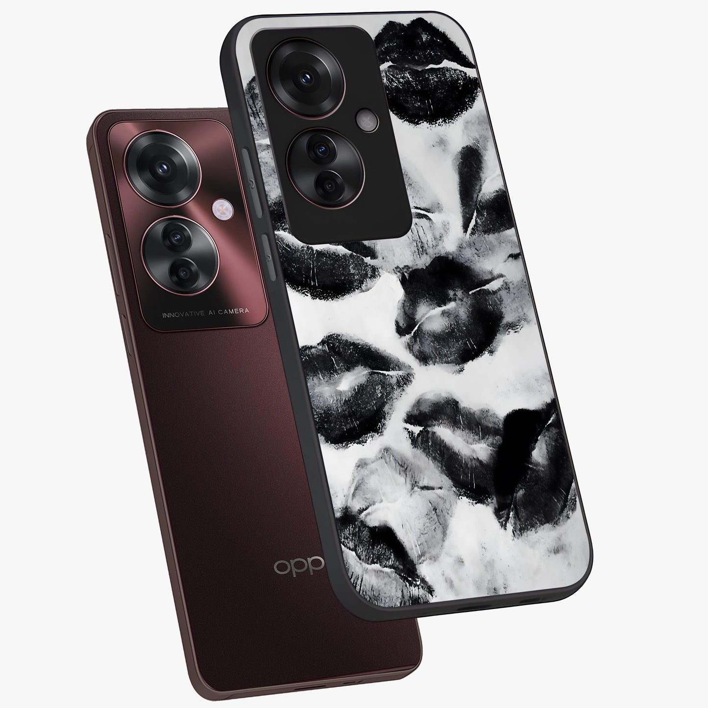 Midnight Kiss Marks Glass Case displayed in angled mockup highlighting playful romantic design with bold midnight aesthetic.