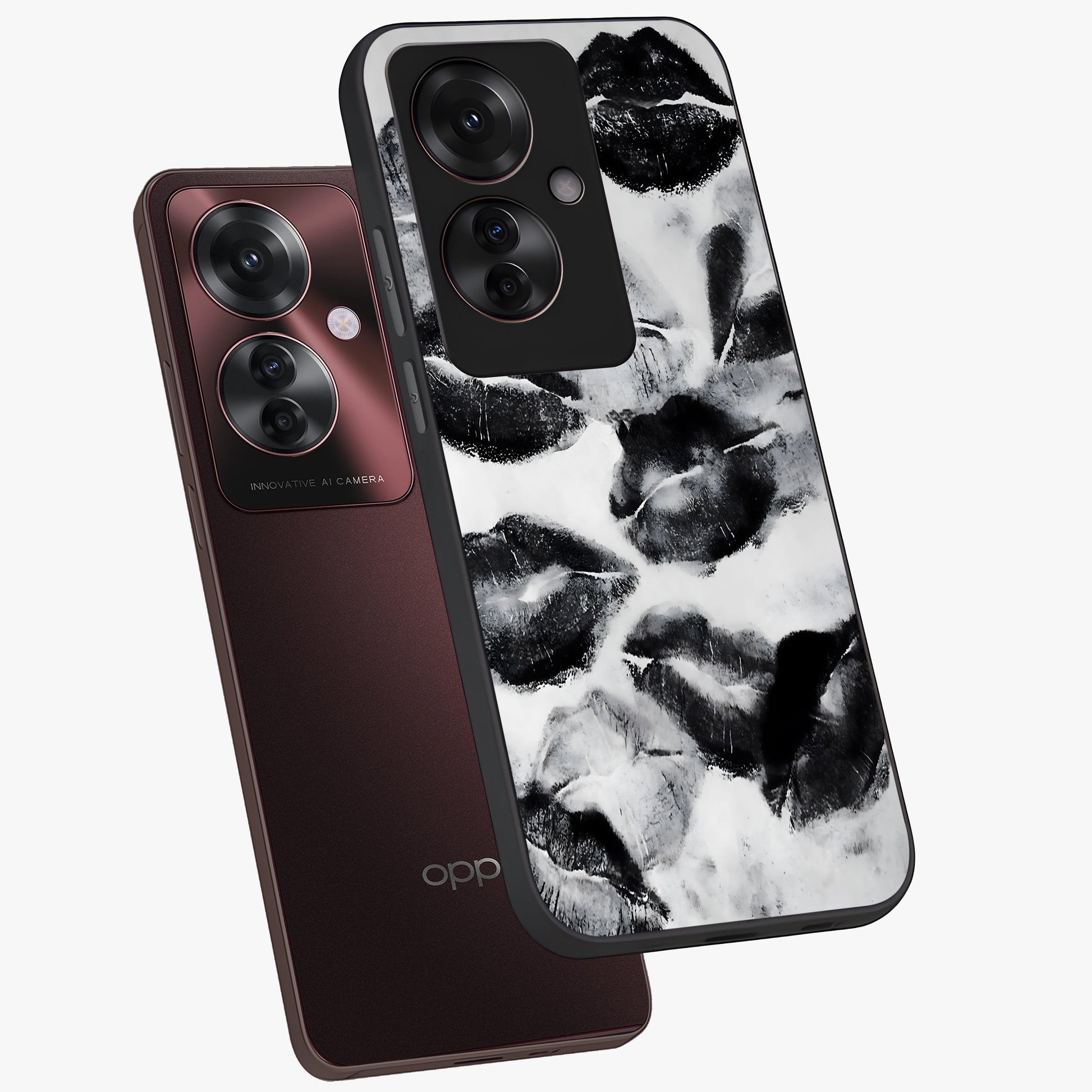 Midnight Kiss Marks Glass Case displayed in angled mockup highlighting playful romantic design with bold midnight aesthetic.