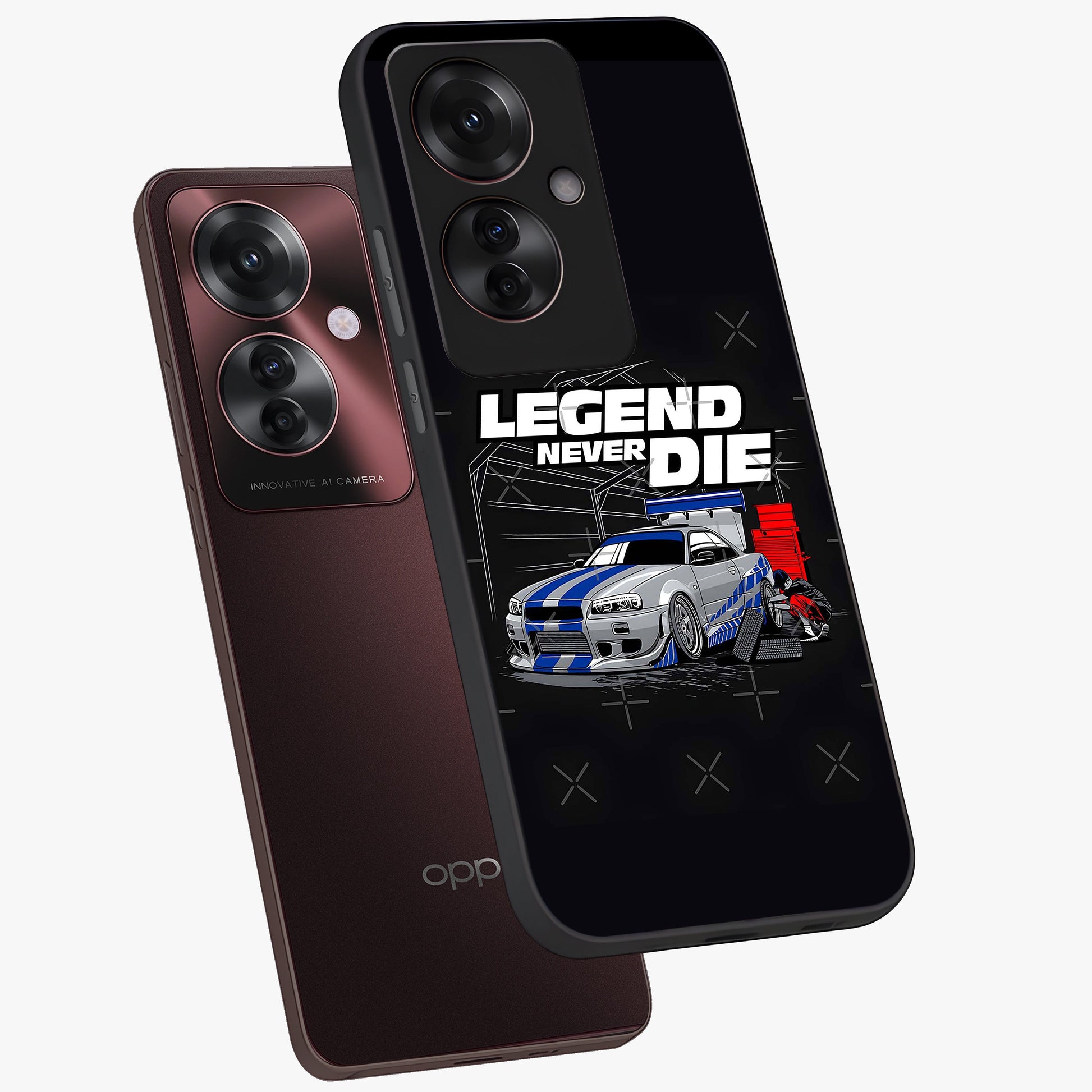 Midnight Racing Legacy Glass Case displayed in angled mockup highlighting dynamic automotive design with bold midnight aesthetic.