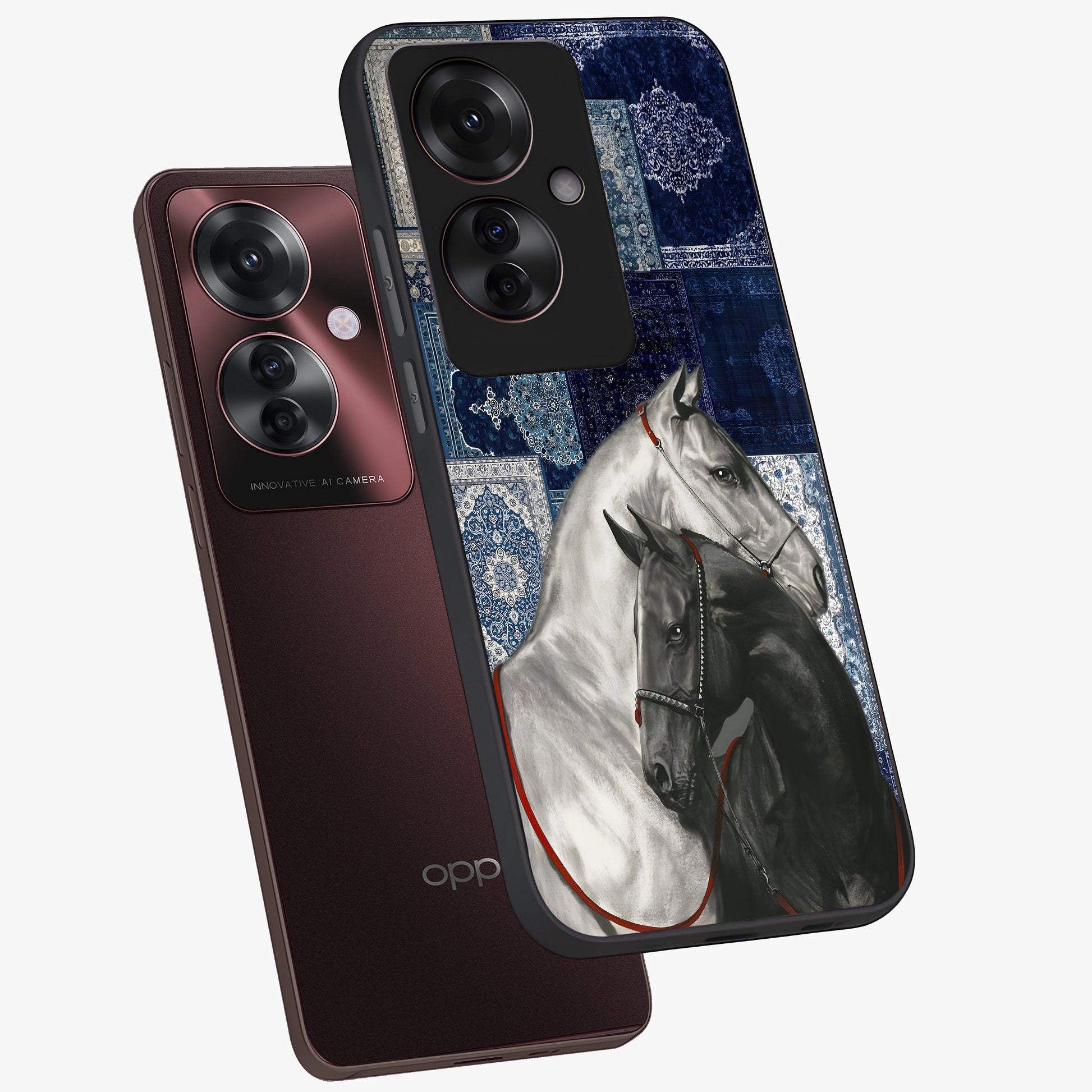 Midnight Stallion Blues Glass Case displayed in angled mockup highlighting powerful stallion illustration with deep midnight tones.