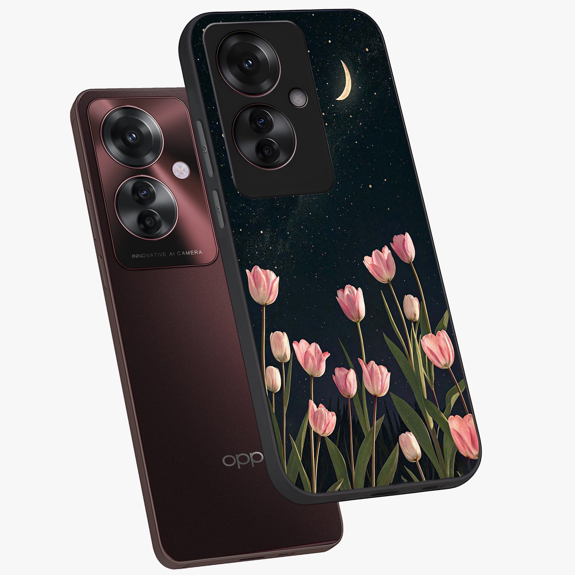 Midnight Tulip Whispers Vibe Glass Case displayed in angled mockup highlighting delicate tulip design with midnight floral aesthetic.