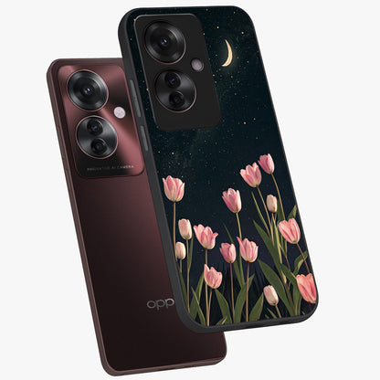 Midnight Tulip Whispers Vibe Glass Case displayed in angled mockup highlighting delicate tulip design with midnight floral aesthetic.