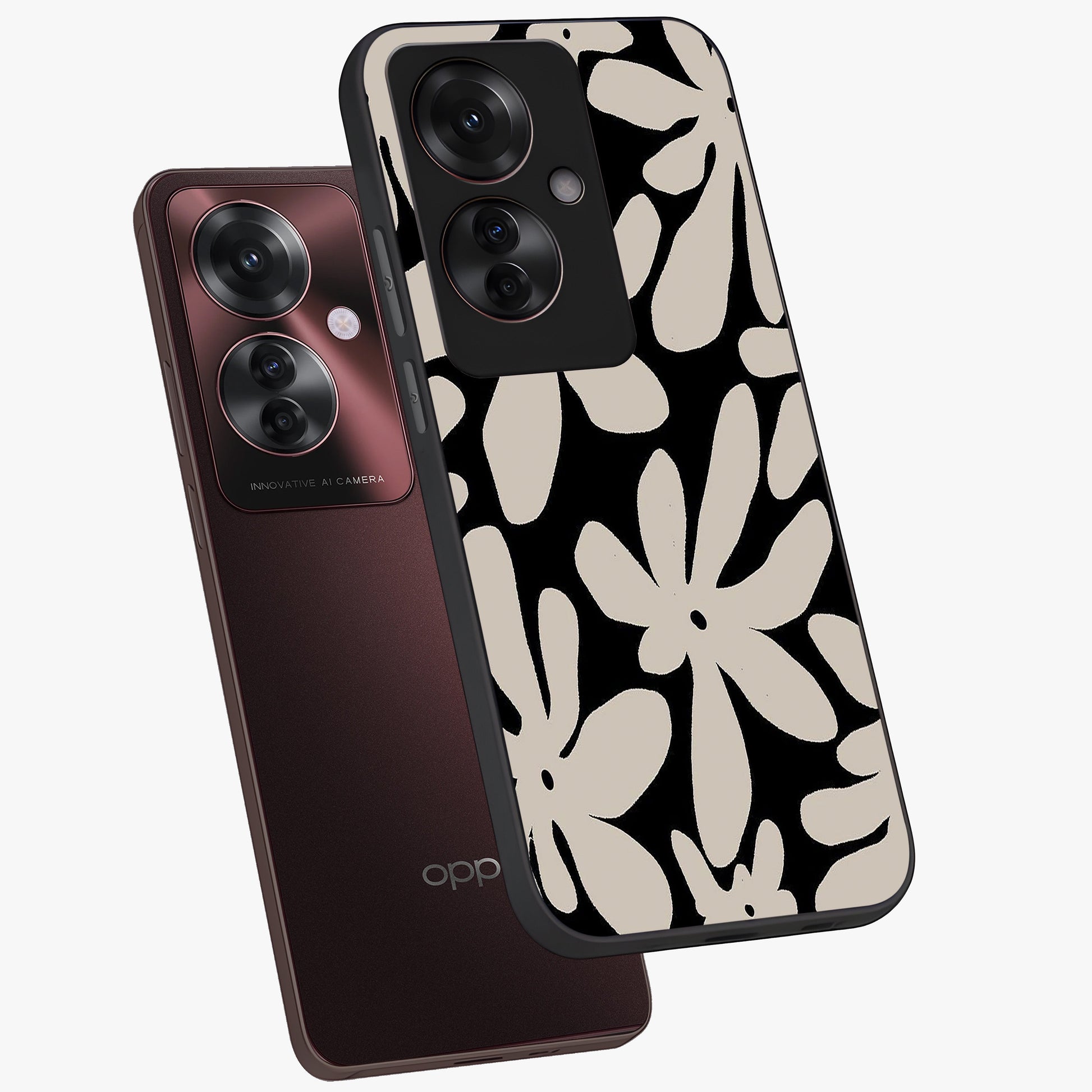 Monochrome Petal Dance Glass Case displayed in angled mockup highlighting elegant petal design with black and white aesthetic.