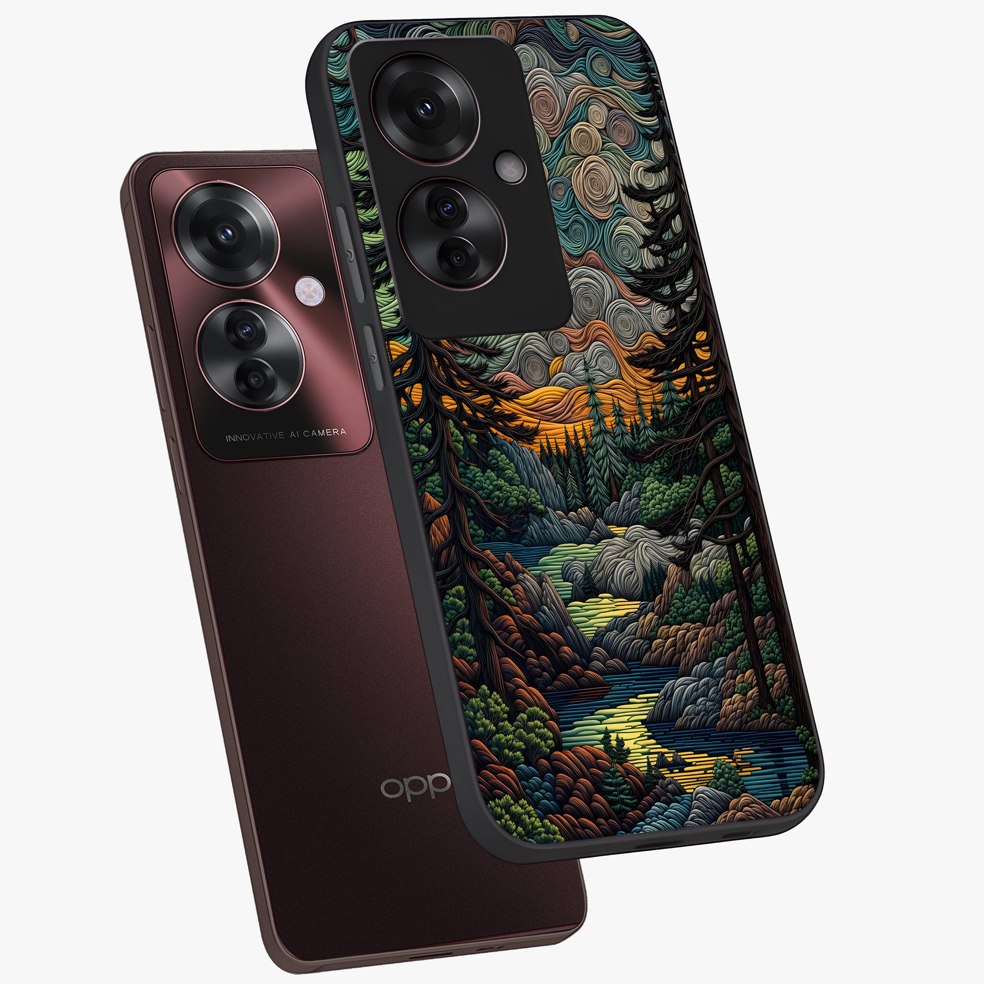 Moonlight Forest Dream Glass Case displayed in angled mockup highlighting dreamy forest design with glowing moon aesthetic.