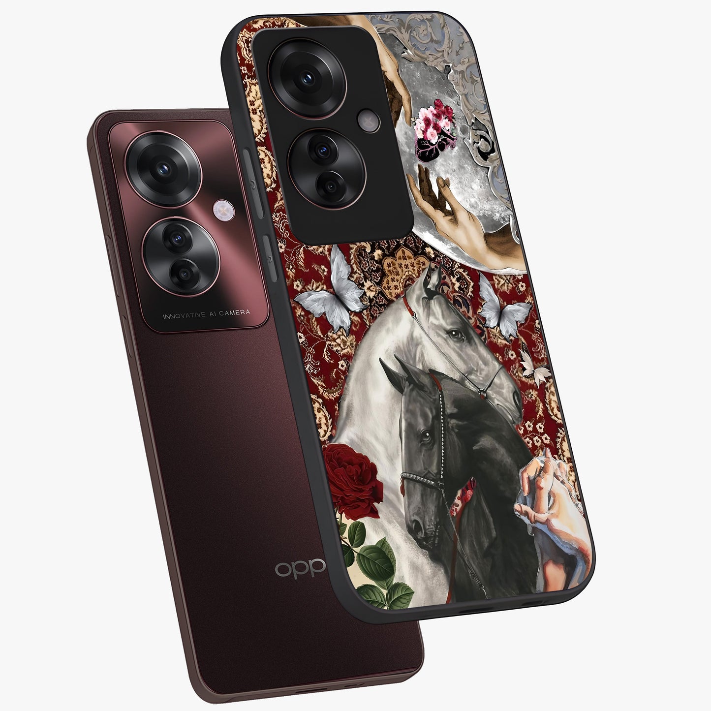 Moonlit Royal Stallion Glass Case displayed in angled mockup highlighting powerful stallion illustration with royal night aesthetic.