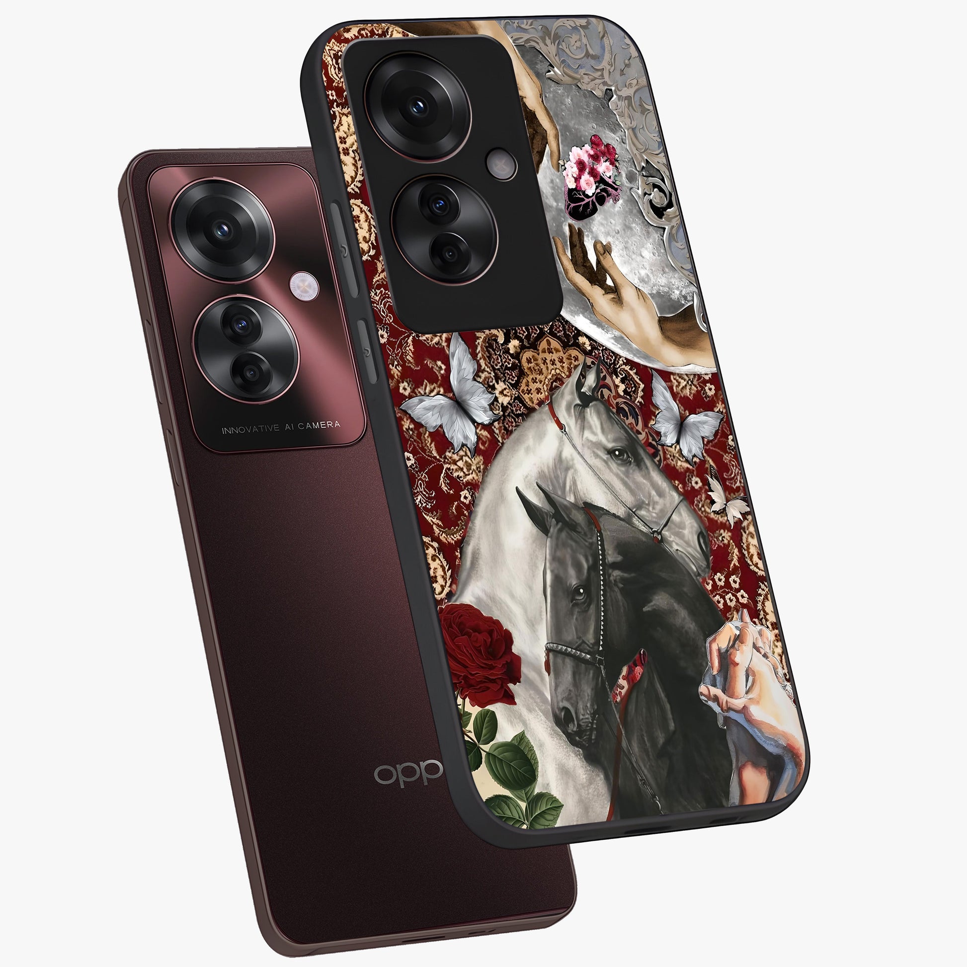 Moonlit Royal Stallion Glass Case displayed in angled mockup highlighting powerful stallion illustration with royal night aesthetic.