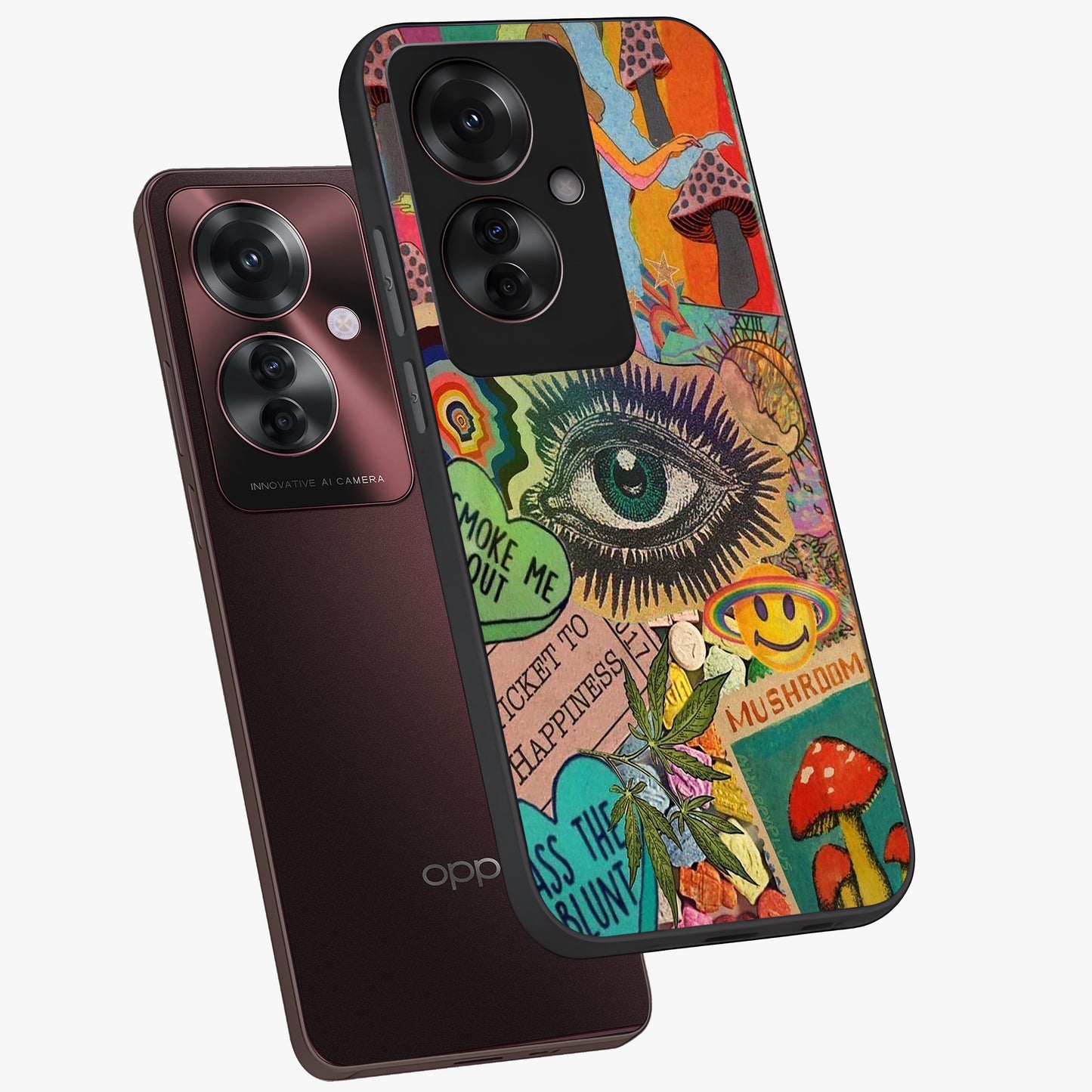 Mystic Eye Wonderland Glass Case displayed in angled mockup highlighting magical eye illustration with dreamy aesthetic.