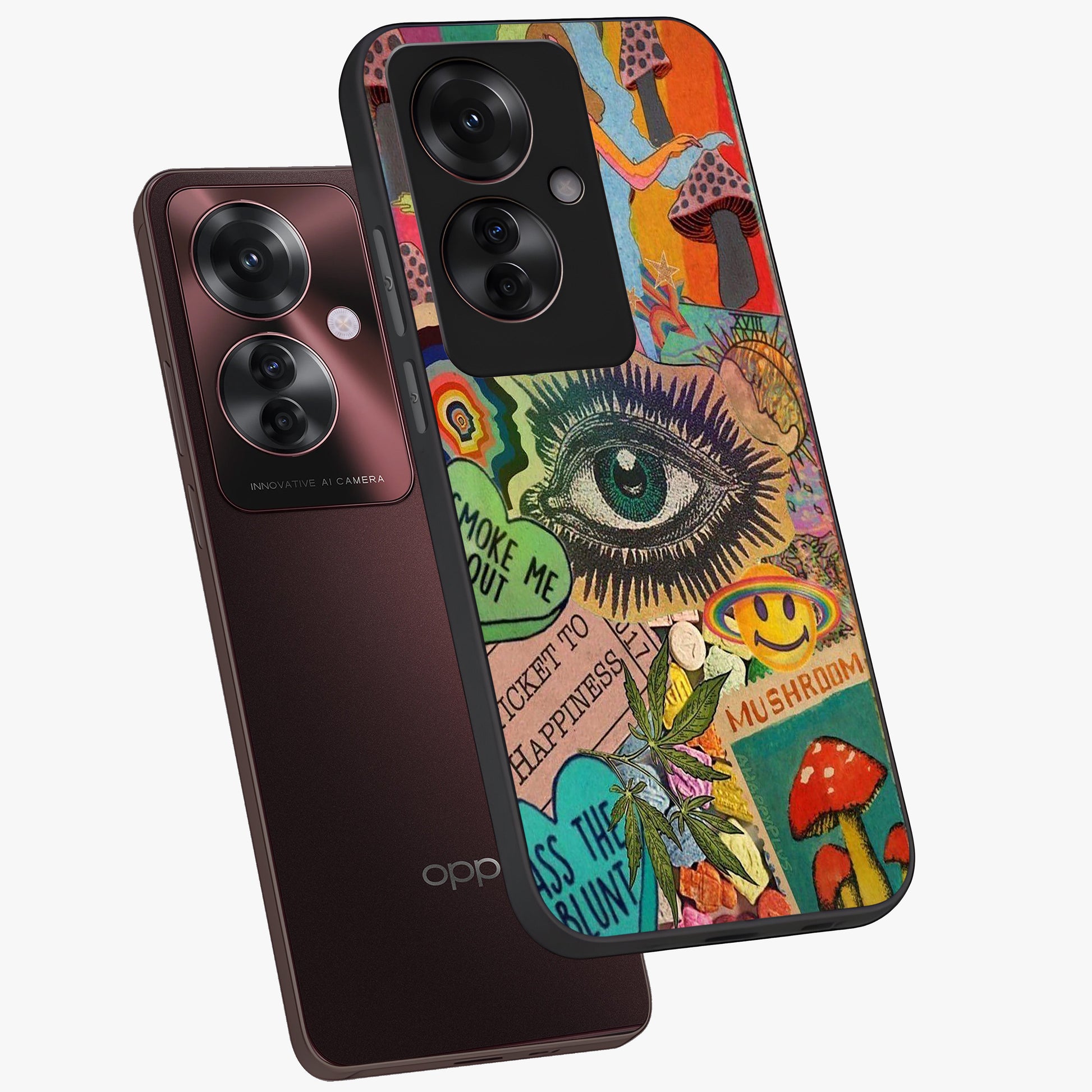 Mystic Eye Wonderland Glass Case displayed in angled mockup highlighting magical eye illustration with dreamy aesthetic.