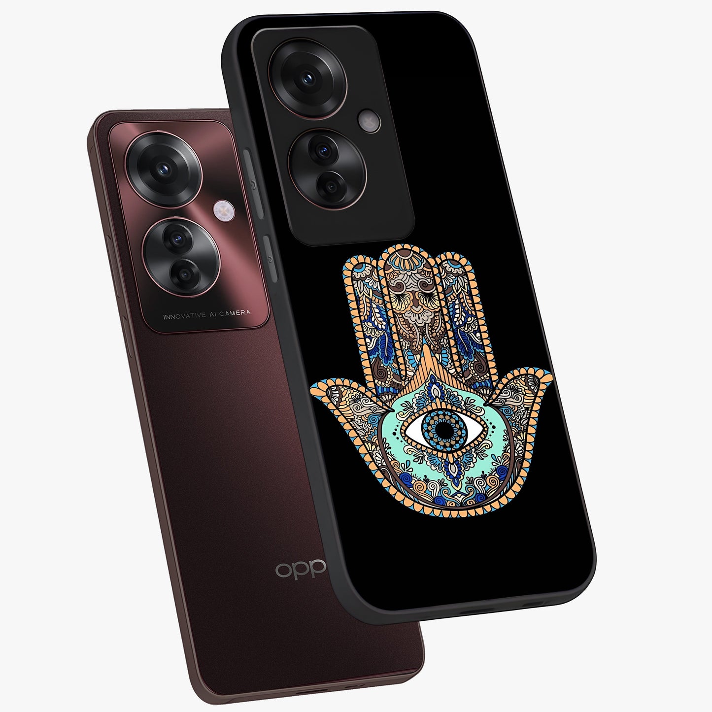 Mystic Hamsa Eye Glass Case displayed in angled mockup highlighting spiritual hamsa symbol with mystical aesthetic style.