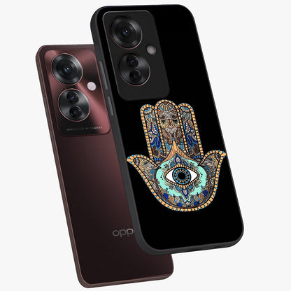Mystic Hamsa Eye Glass Case displayed in angled mockup highlighting spiritual hamsa symbol with mystical aesthetic style.