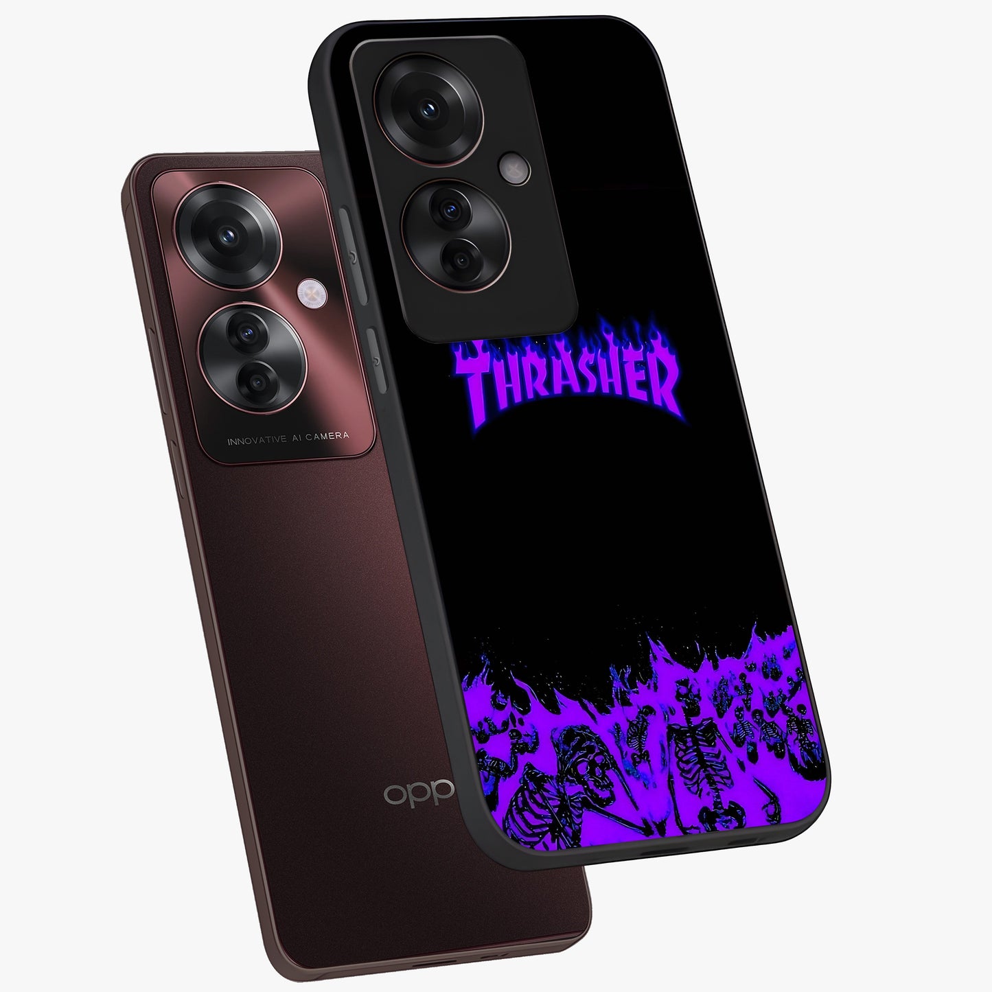 Neon Flame Riot Glass Case displayed in angled mockup highlighting glowing flame design with vibrant neon aesthetic.