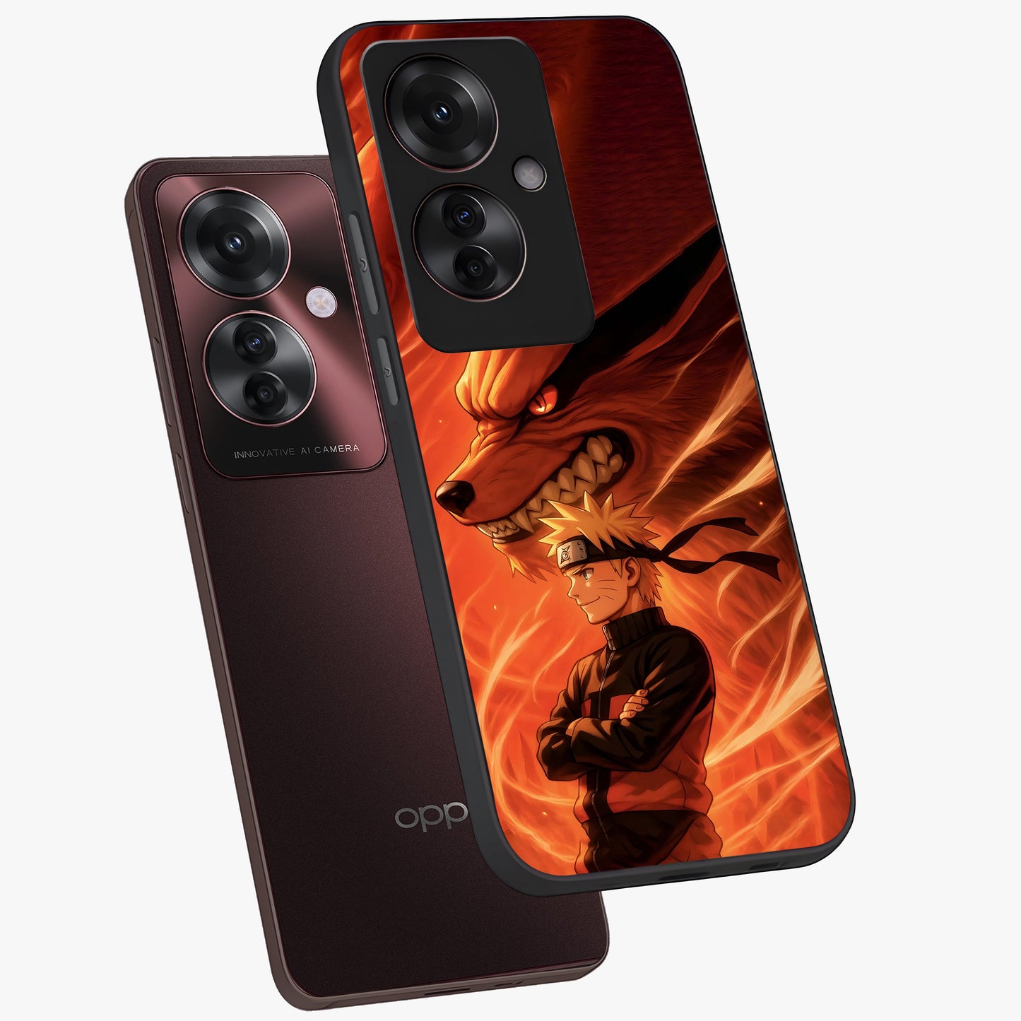Nine Tails Legacy Glass Case displayed in angled mockup highlighting dynamic anime beast illustration with bold mystical aesthetic.