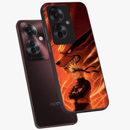 Nine Tails Legacy Glass Case displayed in angled mockup highlighting dynamic anime beast illustration with bold mystical aesthetic.