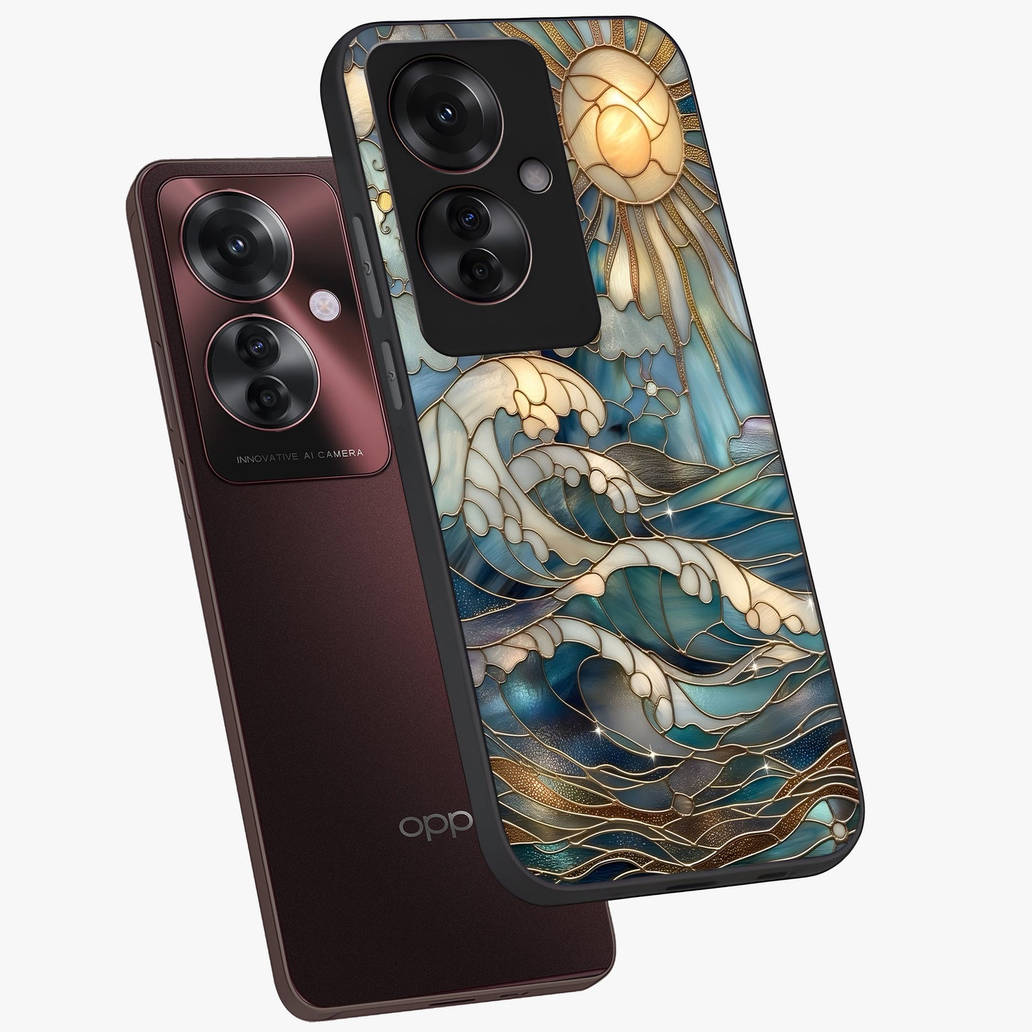 Oceanic Stained Printed Glass Case displayed in angled mockup highlighting colorful aquatic design with artistic aesthetic style.