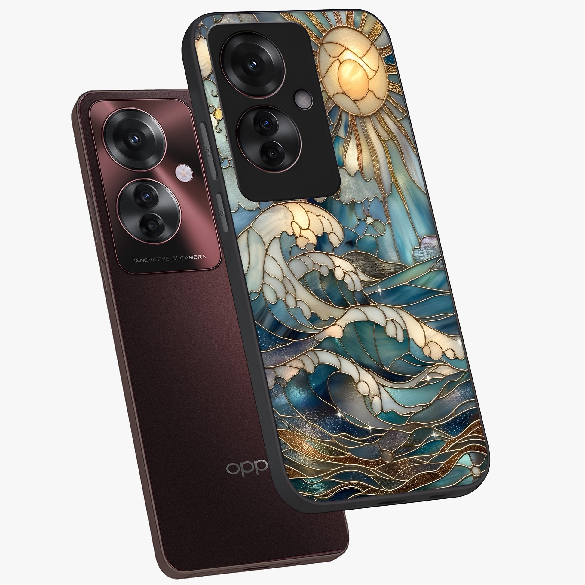 Oceanic Stained Printed Glass Case displayed in angled mockup highlighting colorful aquatic design with artistic aesthetic style.