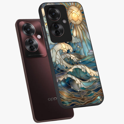 Oceanic Stained Printed Glass Case displayed in angled mockup highlighting colorful aquatic design with artistic aesthetic style.