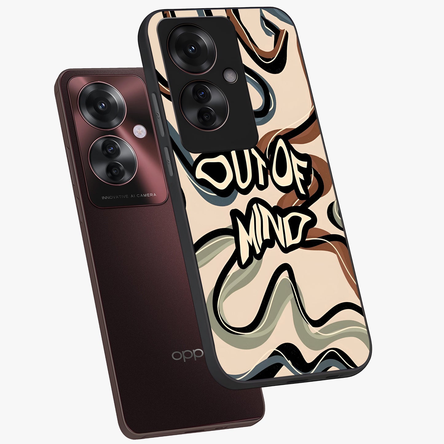 Out Of Mind Glass Case displayed in angled mockup highlighting bold statement design with modern artistic aesthetic.