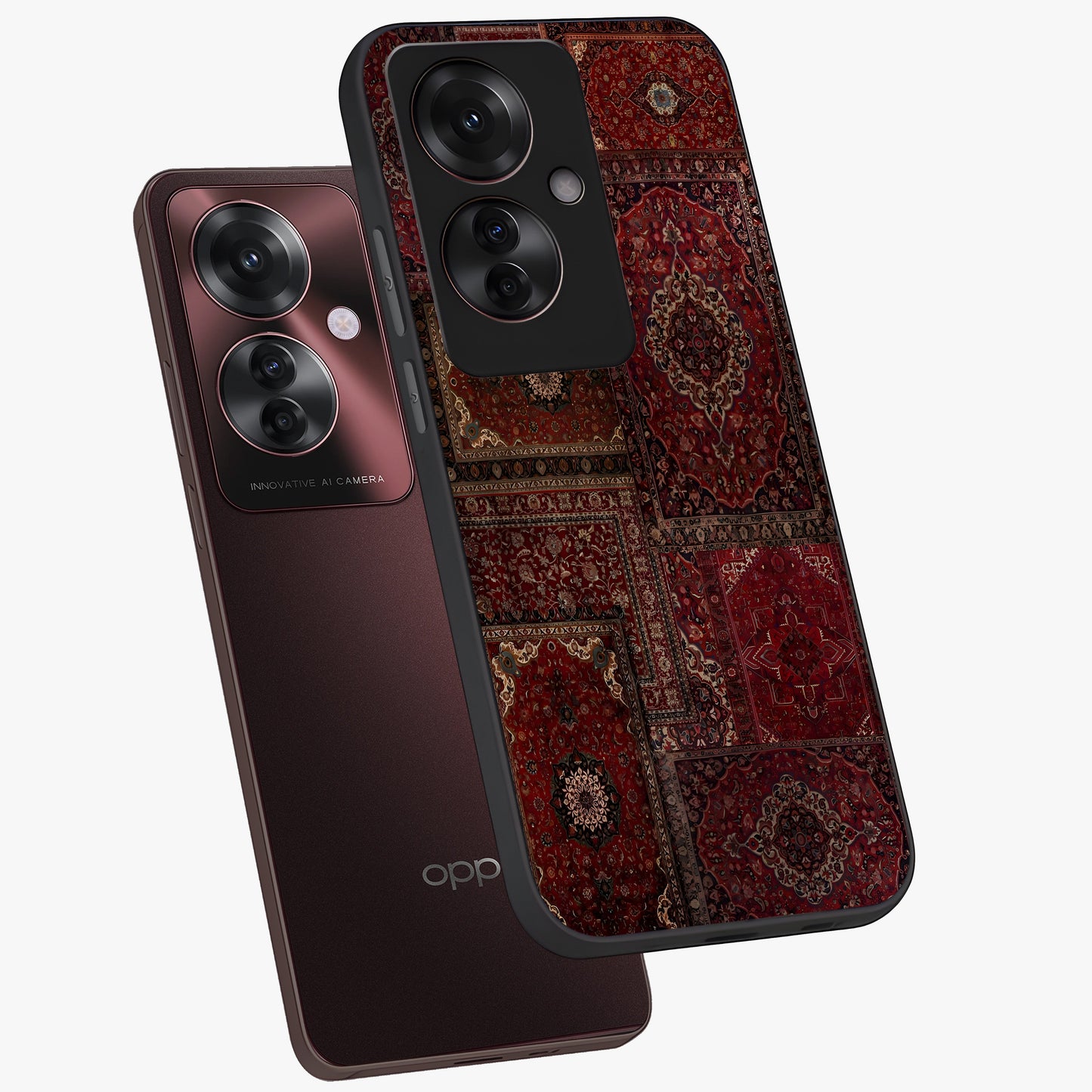 Persian Velvet Tale Glass Case displayed in angled mockup highlighting ornate textile inspired design with royal aesthetic.
