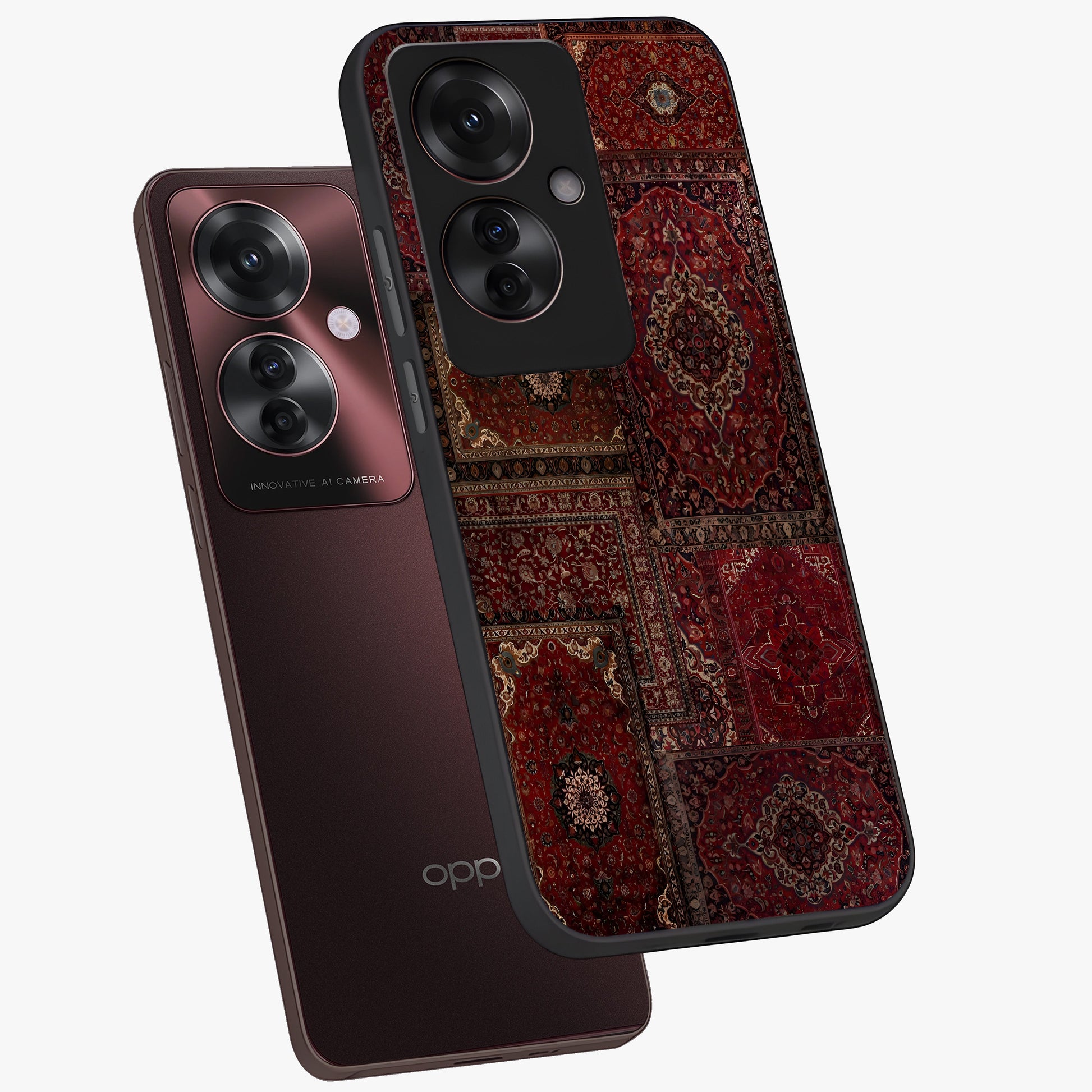 Persian Velvet Tale Glass Case displayed in angled mockup highlighting ornate textile inspired design with royal aesthetic.