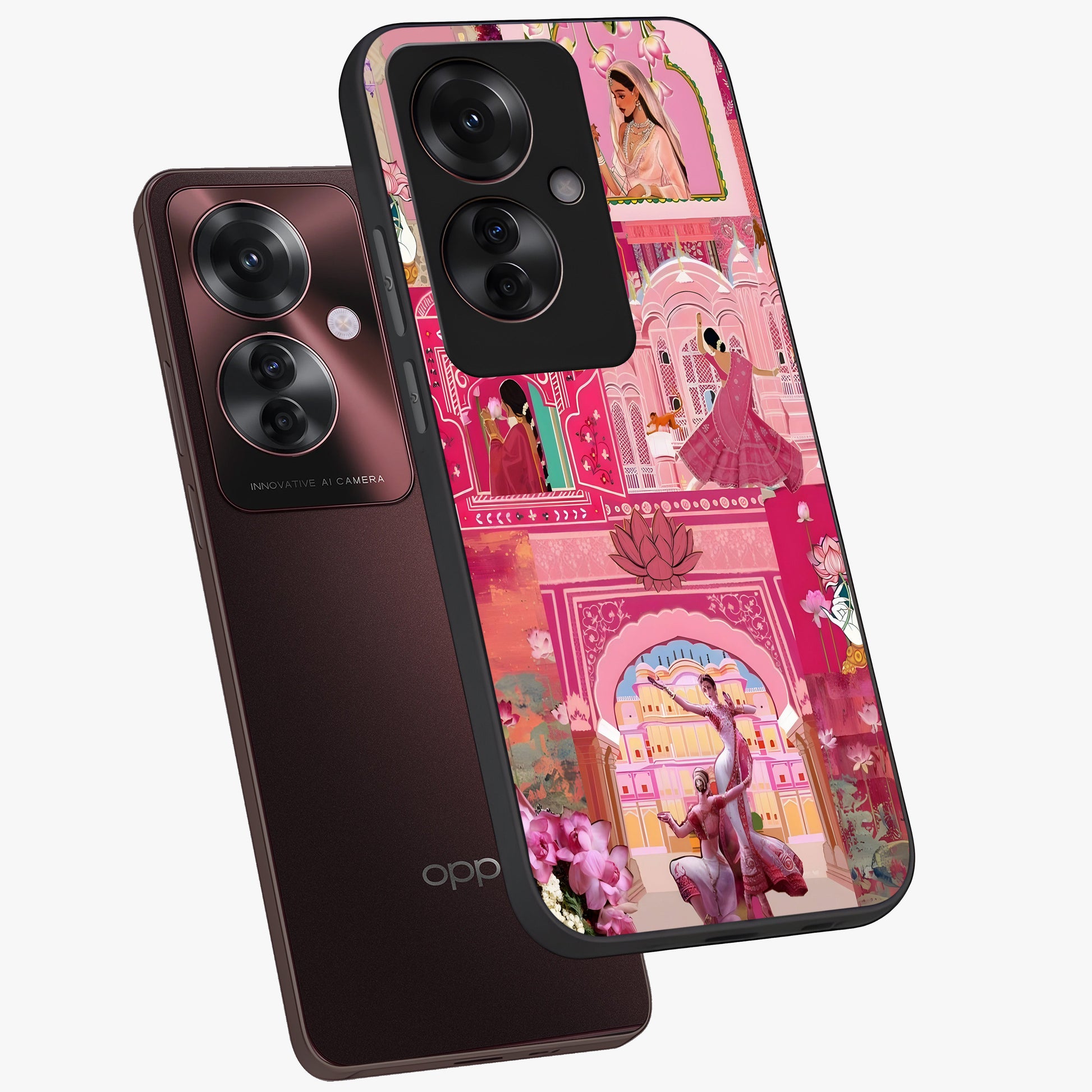 Pink Palace Muse Glass Case displayed in angled mockup highlighting dreamy palace illustration with soft pink aesthetic.