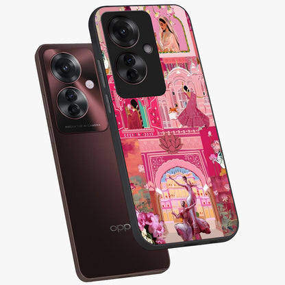 Pink Palace Muse Glass Case displayed in angled mockup highlighting dreamy palace illustration with soft pink aesthetic.