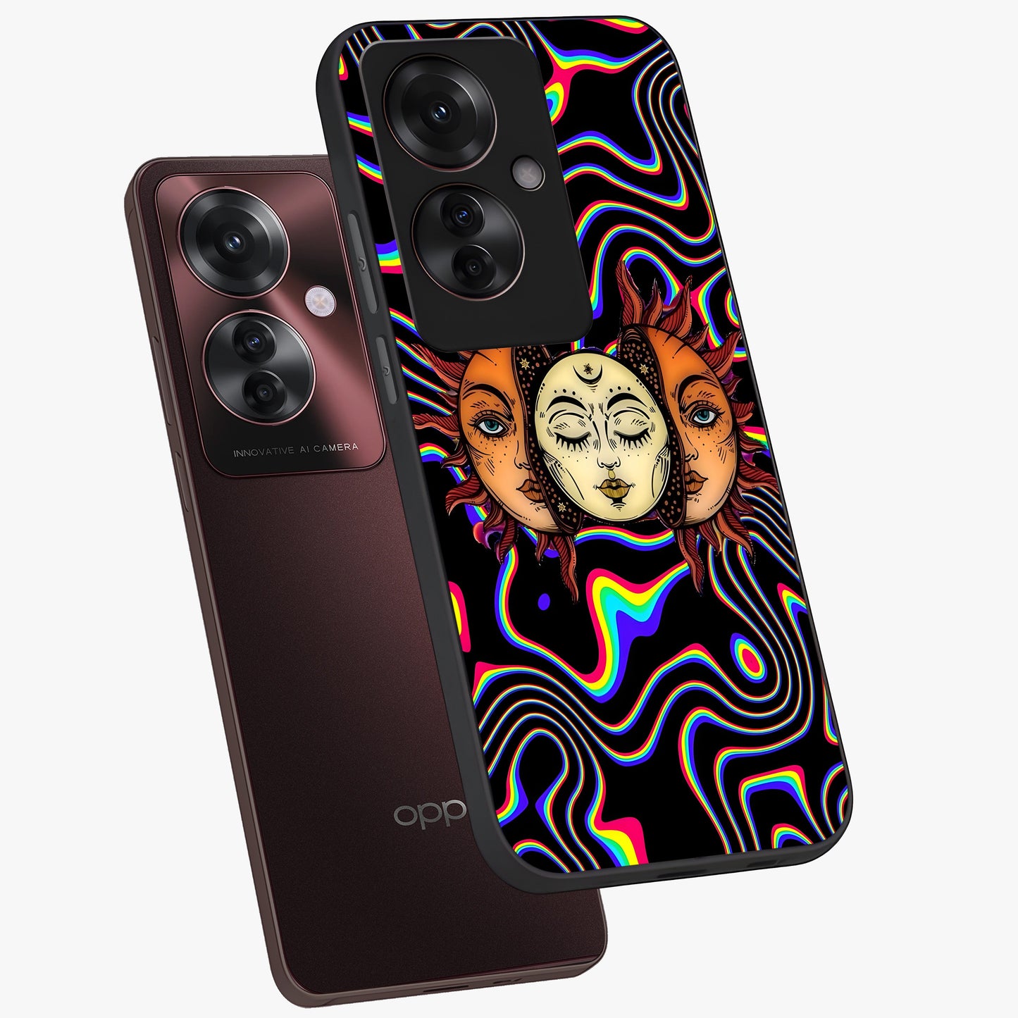 Psychedelic Sun Glass Case displayed in angled mockup highlighting vibrant abstract sun design with artistic aesthetic style.