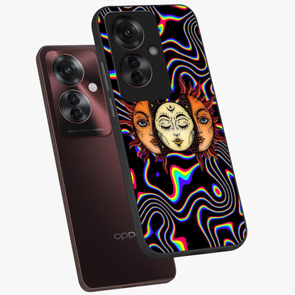 Psychedelic Sun Glass Case displayed in angled mockup highlighting vibrant abstract sun design with artistic aesthetic style.