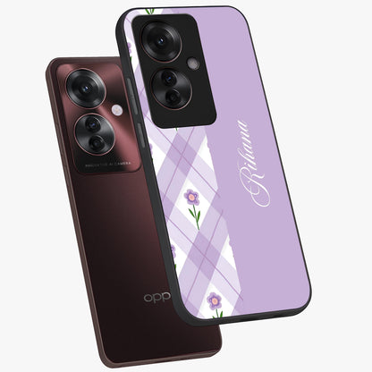 Purple Diamond Floral Glass Case displayed in angled mockup highlighting elegant purple flower design with decorative pattern.