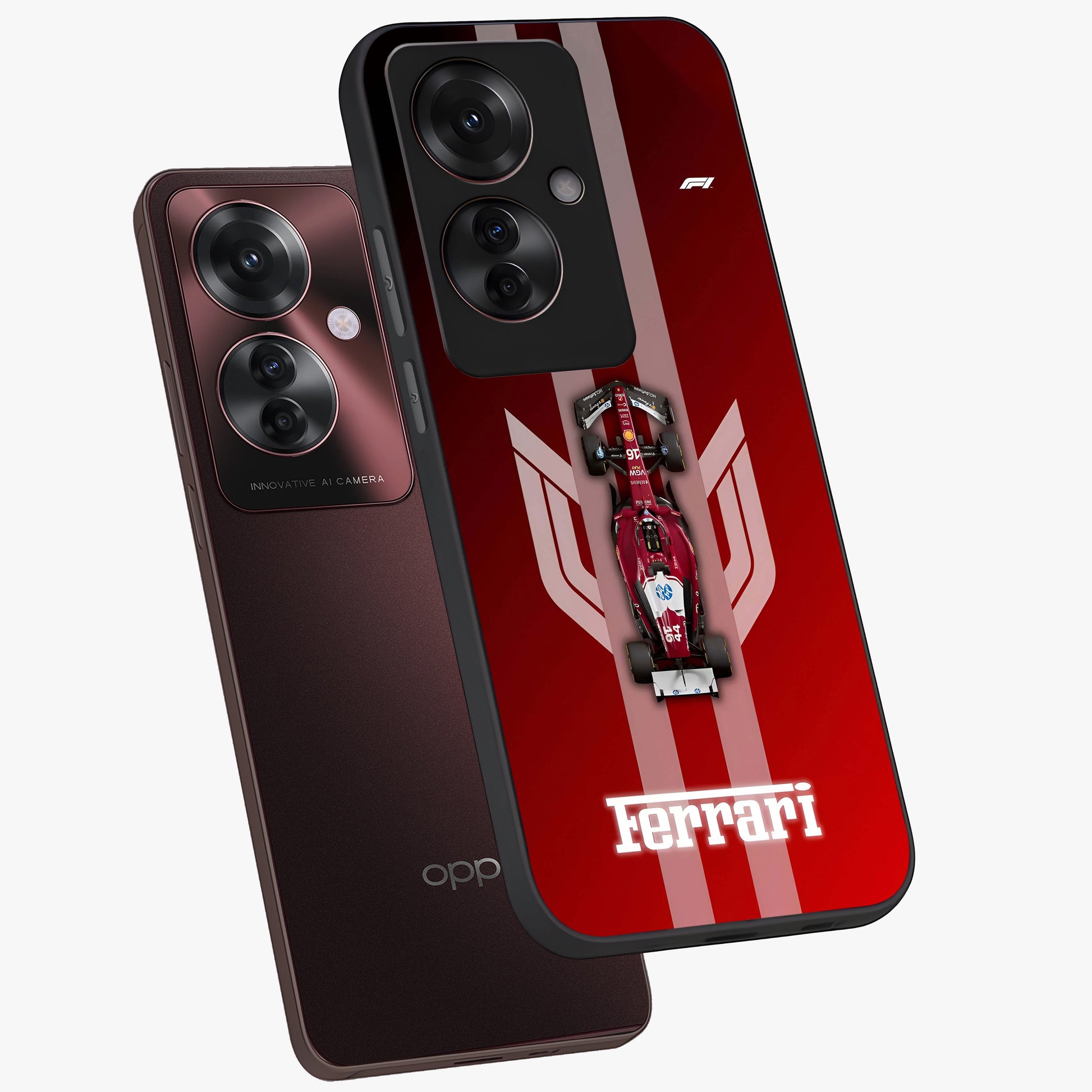 Red Ferrari F1 Vertical Glass Case displayed in angled mockup highlighting high speed racing design with bold automotive aesthetic.