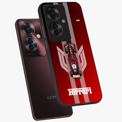 Red Ferrari F1 Vertical Glass Case displayed in angled mockup highlighting high speed racing design with bold automotive aesthetic.