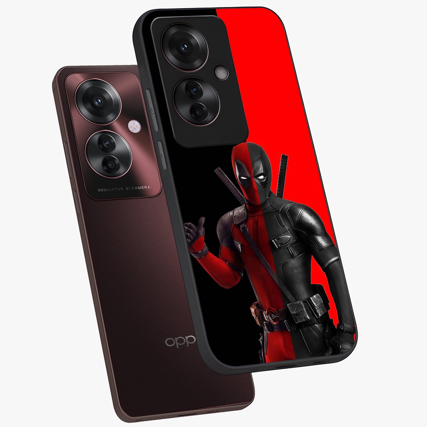 Red & Black Deadpool Theme Glass Case displayed in angled mockup highlighting vibrant superhero style illustration with action aesthetic.