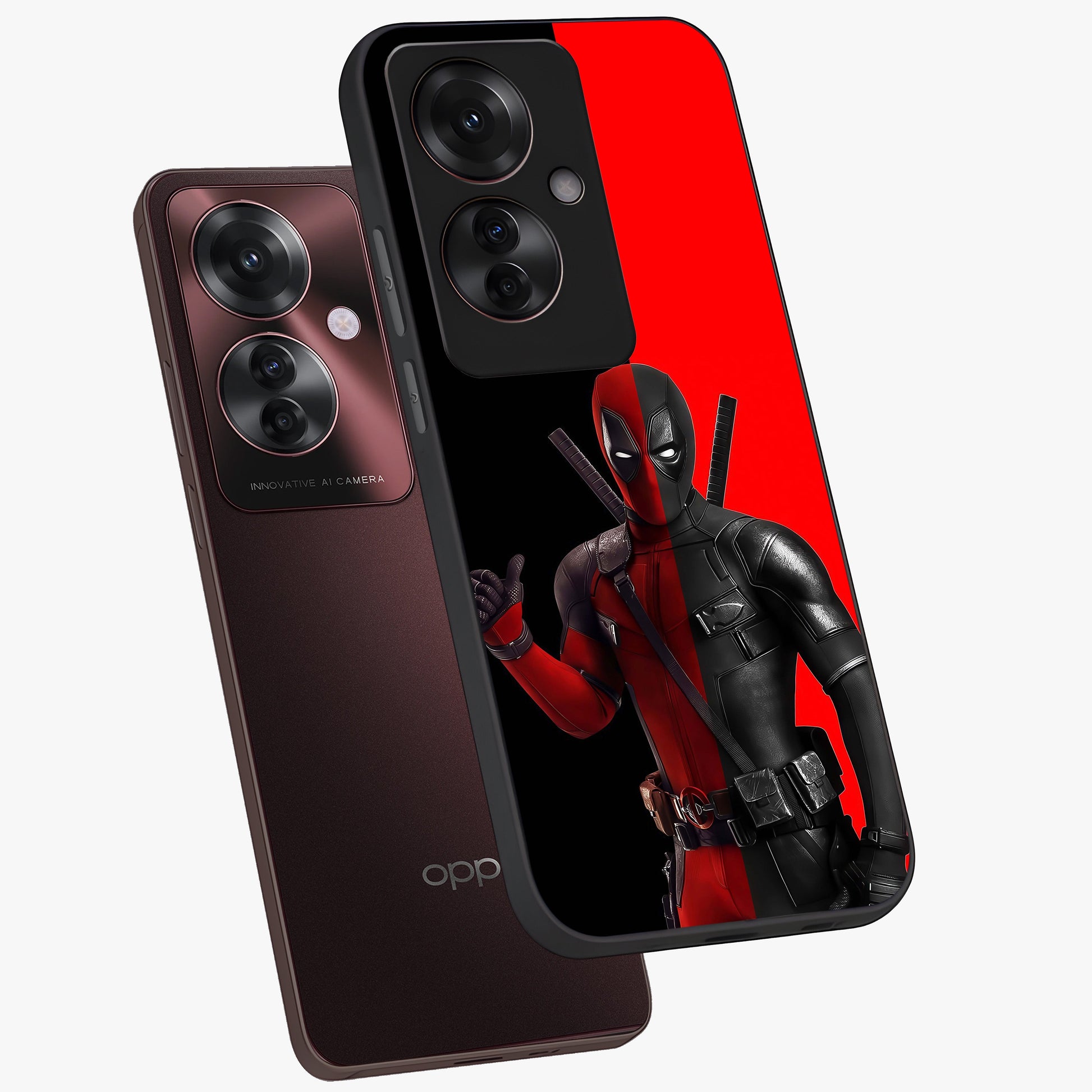 Red & Black Deadpool Theme Glass Case displayed in angled mockup highlighting vibrant superhero style illustration with action aesthetic.