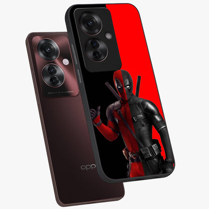 Red & Black Deadpool Theme Glass Case displayed in angled mockup highlighting vibrant superhero style illustration with action aesthetic.