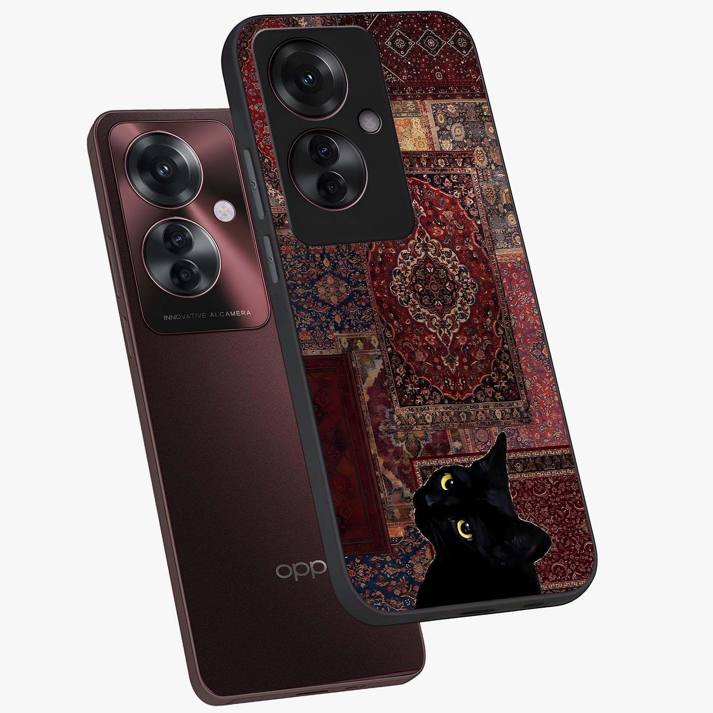 Regal Magic Cat Apple Glass Case displayed in angled mockup highlighting whimsical feline design with fantasy aesthetic.