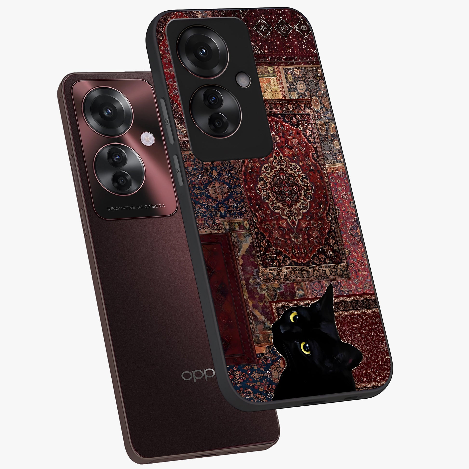 Regal Magic Cat Apple Glass Case displayed in angled mockup highlighting whimsical feline design with fantasy aesthetic.
