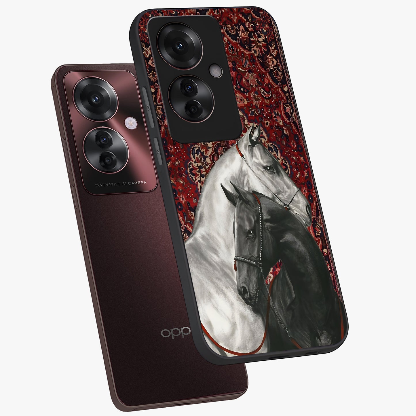 Regal Stallion Tapestry Glass Case displayed in angled mockup highlighting royal stallion design with decorative heritage aesthetic.